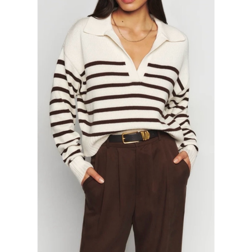 REFORMATION Francesco Brown and Cream Cotton Polo Sweater